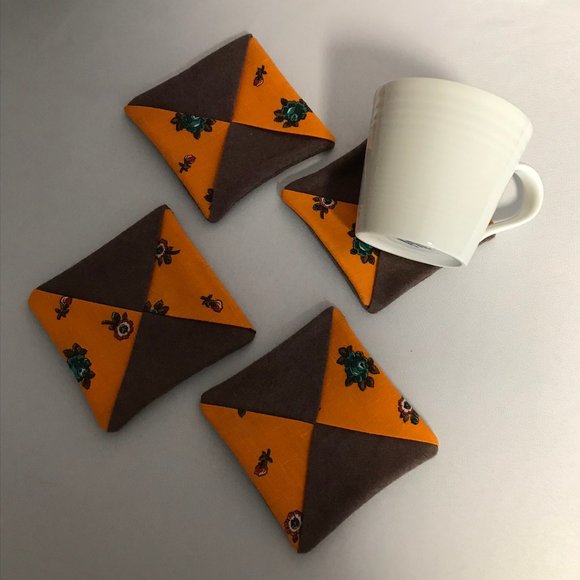 Handmade Fabric Coasters Set of 4 brown orange - Picture 2 of 5